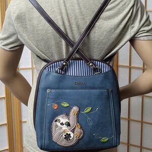 NWOT Chala brand denim blue color small backpack purse with sloth adjustable